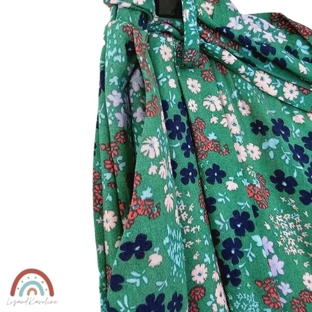 New! Bohemian Green Ditsy Floral Belted Soft Paperbag Shorts Plus Size 3X